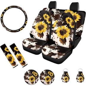POLERO American Flag Sunflower Car Seat Covers Set with Universal Steering Wheel Cover, Seatbelt Pads, Cup Holder Coasters, Keychain Organizer, 11pcs Auto Accessories