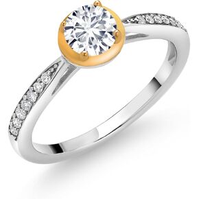 Gem Stone King 925 Silver and 10K Yellow Gold Round White Lab Grown Diamond Wedding Engagement Solitaire Anniversary Promise Ring For Women (0.60 Cttw, Available In Size 5, 6, 7, 8, 9)