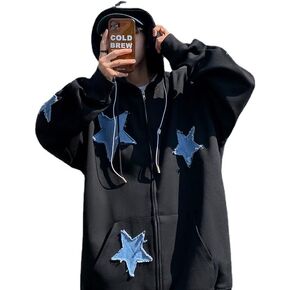 Men's Star Patch Zip Up hoodie for Men Women Graphic Hoodies Y2K Oversized Sweatshirt Jacket Streetwear