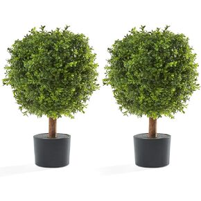 Artificial Plants Indoor Outdoor - Set of 2 Topiary Boxwood Trees – 24" High Pre-Potted Faux Trees - Plant Decor for Front Porch Home Office - Topiary Ball