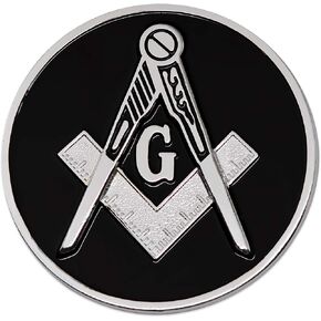 Square & Compass Round Masonic Auto Emblem - [Black & Silver][3'' Diameter]