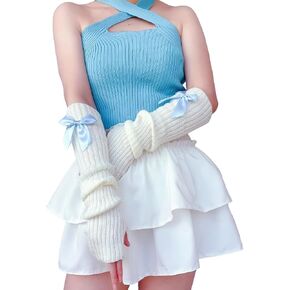 Women Y2k Arm Warmers Covers Kawaii Harajuku Fingerless Gloves Lolita Knitted Arm Sleeve with Thumb Hole