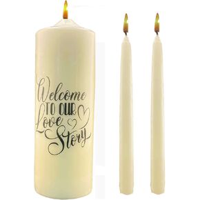 "Welcome to our Love Story" Wedding Unity Candle Set or wedding memento with white pillar and tapers