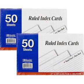 BAZIC Ruled Index Cards 5" X 8" 100 Count, White Color Flashcards, Ruled Lined Card for Learning Memory Reminder