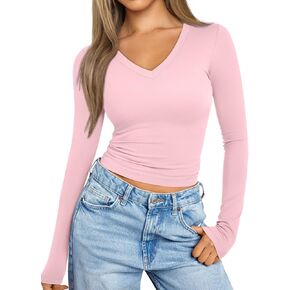 Trendy Queen Long Sleeve Shirts for Women 2024 Fall Fashion V Neck Basics Crop Tops Layering Slim Fitted Y2K Tops