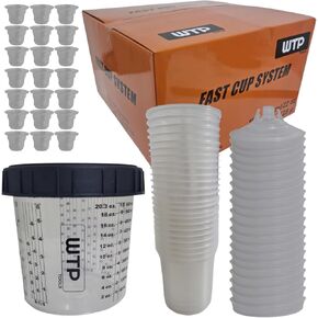 Disposable Paint Cup System KIT Combo, 25 Lids + 25 Liners + 1 Hard Cup + 10 Caps - 1 Box 650ml 22Oz (125mic Filter) - Sprayer Mixing Cup for Automotive Paint Gun