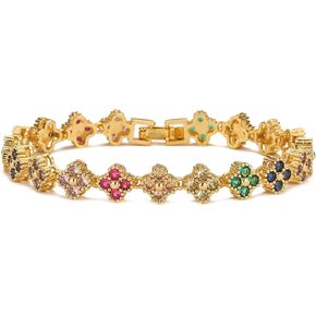 Rainbow & Clover Zircon Unisex Bracelet, Crystal Flower Design, Fashion-Forward Accessory
