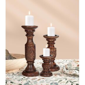 Farmhouse Wooden Candle Holders for Pillar Candles Set of 3, Rustic Wood Candle Holder Table Centerpiece Decor, 12'' 9'' 6'' Pine Apple Design Tall Candle Stand Decorative, Antique White