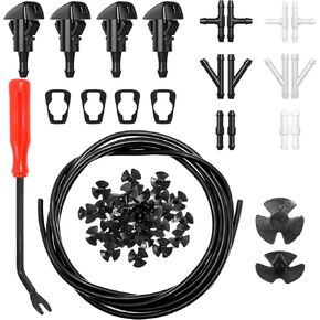 SuperKaKa 52Pcs Car Windshield Washer Nozzles Set- Vehicle Windscreen Replacement Kit with 157.5'' Fluid Hose, 4pcs Sprayer Nozzles&Gasket, 12pcs Connectors, 30 pcs Hood Retainers Cars Accessories