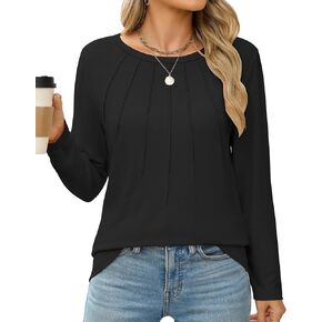 Womens Long Sleeve Shirts Pleated Tunic Tops Loose Dressy Casual Blouses Basic Trendy Fall Clothes 2024