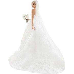 QueenDream White Wedding Veil Bridal Bachelorette: 120 Inches Long Tulle with Comb Cathedral Pearl Veils - Women Party Decorations