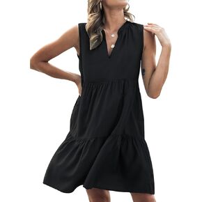 CUPSHE Women's Ruffle Beach Mini Dress Split V Neck A Line Sleeveless Geometric Stripe Tropical Leaf Pattern Summer Dresses
