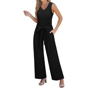 Womens V Neck Wide Leg Belted Jumpsuits with Pockets Sleeveless Tie Front Jumpsuit Tank Tops Wrap Drawstring Waist Rompers