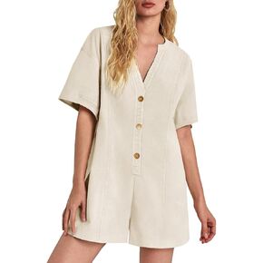 Tongmingyun Womens Short Sleeve Romper Casual Summer Cotton V Neck Button Down Short Jumpsuit