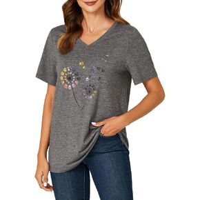 LYANER Womens T Shirts V Neck Short Sleeve Basic Tee Shirts Casual Print Blouse Tops