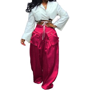 Vaceky Women's Baggy Cargo Pant Wide Leg Satin Flowy Dressy Palazzo Trouser
