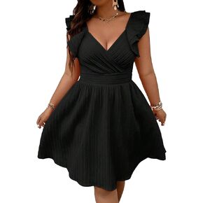Floerns Women's Plus Size Wrap Front Sweetheart Neck Ruffle Cap Sleeve A Line Dress