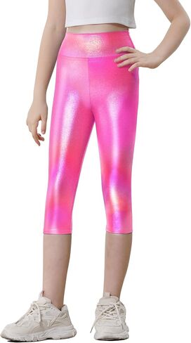 Girls Capri Leggings Stretchy Cropped Tights Metallic Dance Yoga Pants for Kids Teens Running Party in Saudi Arabia