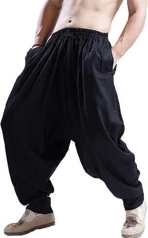 CLANMILUMS Men's Cotton Harem Pants Casual Loose Hippie Drop Crotch Trouser in Saudi Arabia