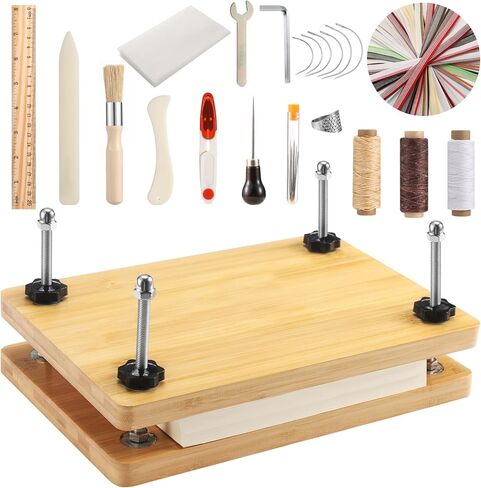NewEle Book Press، مجموعات تجليد الكتب - مجموعة أدوات تجليد الكتب الخشبية من الخيزران مع مجلد عظم حقيقي، Awl، خيط الشمع، قماش الكتب، عصابات الرأس DIY، 11.6 × 7.9 بوصة in Kuwait