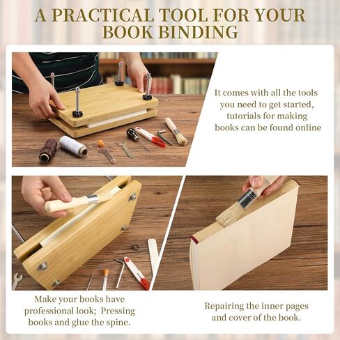 NewEle Book Press، مجموعات تجليد الكتب - مجموعة أدوات تجليد الكتب الخشبية من الخيزران مع مجلد عظم حقيقي، Awl، خيط الشمع، قماش الكتب، عصابات الرأس DIY، 11.6 × 7.9 بوصة in Kuwait
