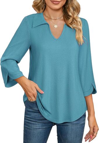 MCKOL Womens 3/4 Sleeve V Neck Polo Shirts Dressy Casual Tops Work Collared Blouses in Saudi Arabia