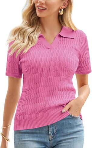 GRACE KARIN Women's 2024 Summer Short Sleeve Sweater V-Neck Collar Pullover Sweater Tops Lightweight Knit Polo Shirt in Saudi Arabia