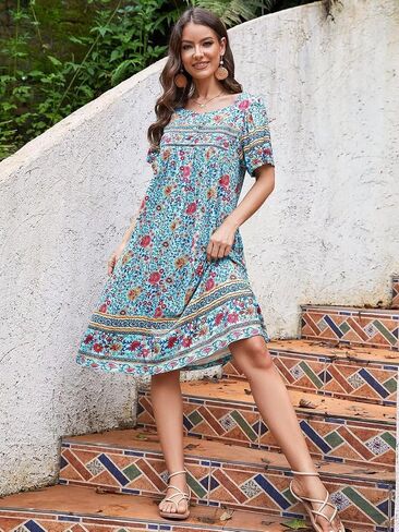 فستان نوم نسائي بأكمام قصيرة مع جيوب - فستان Mumu مطبوع عليه زهور S-3XL in Saudi Arabia