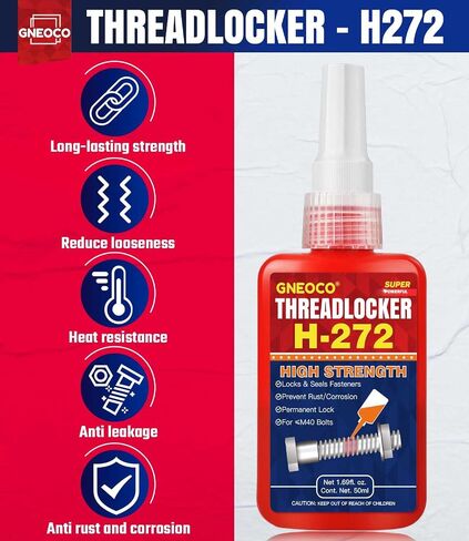 ThreadLocker Red 272 50 مل، قفل خيط عالي القوة محكم للصواميل والمسامير والمثبتات والمعادن، غراء معدني معالج لاهوائي لمنع الارتخاء والتآكل (50 مل/عبوة واحدة) in Kuwait