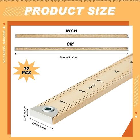 Hoteam 10 Pcs 36 Inches Natural Wood Yard Stick Ruler Wooden Yardstick with Hang Hole Metal Tips Yardstick Ruler Metal Ends Meter Stick Clothing Measuring School Classroom Home Office in Saudi Arabia