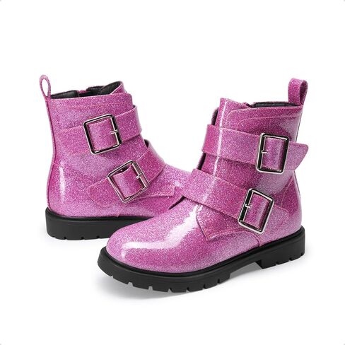 أحذية DREAM PAIRS للفتيات والأولاد اللامعة للكاحل بسحاب جانبي أحذية قتالية مع أبازيم للأطفال الصغار/الأطفال الصغار/الأطفال الكبار in Saudi Arabia