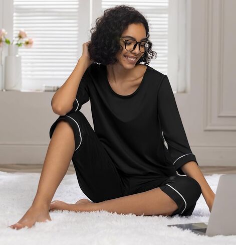 طقم بيجامة نسائي من PrinStory طقم Capri Pjs مكون من قطعتين طقم صالة ناعم ملابس نوم مع جيوب in Saudi Arabia