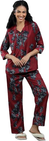 Velure Women's Beautiful Floral Design Printed Maroon Button Down Sleepwear Nightwear Soft Pjs Lounge Sets in Saudi Arabia