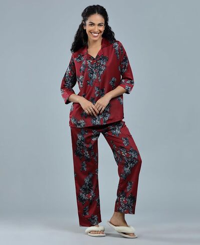Velure Women's Beautiful Floral Design Printed Maroon Button Down Sleepwear Nightwear Soft Pjs Lounge Sets in Saudi Arabia