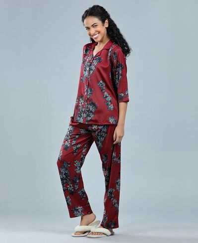 Velure Women's Beautiful Floral Design Printed Maroon Button Down Sleepwear Nightwear Soft Pjs Lounge Sets in Saudi Arabia