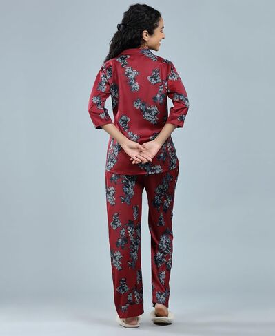 Velure Women's Beautiful Floral Design Printed Maroon Button Down Sleepwear Nightwear Soft Pjs Lounge Sets in Saudi Arabia
