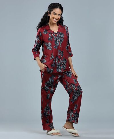 Velure Women's Beautiful Floral Design Printed Maroon Button Down Sleepwear Nightwear Soft Pjs Lounge Sets in Saudi Arabia