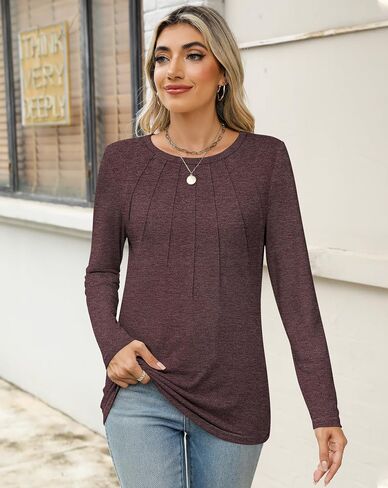 Womens Long Sleeve Shirts Pleated Tunic Tops Loose Dressy Casual Blouses Basic Trendy Fall Clothes 2024 in Saudi Arabia