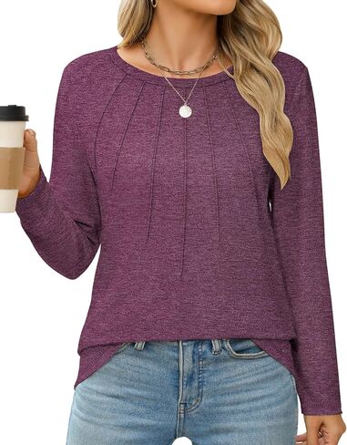 Womens Long Sleeve Shirts Pleated Tunic Tops Loose Dressy Casual Blouses Basic Trendy Fall Clothes 2024 in Saudi Arabia
