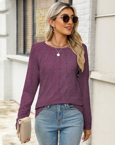 Womens Long Sleeve Shirts Pleated Tunic Tops Loose Dressy Casual Blouses Basic Trendy Fall Clothes 2024 in Saudi Arabia