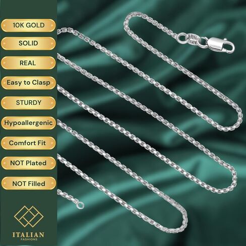 REAL Solid 10K Yellow or White Gold 0.50mm - 1.3mm Diamond-Cut Square Mirror Box Veneziana Chain Necklace with Lobster Claw Clasp | Multiple Lengths Available | Men Women | MADE IN ITALY in Kuwait