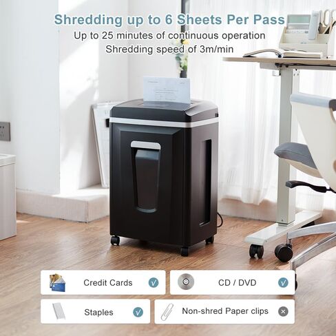 P7 High Security Paper Shredder: Heavy Duty 6-Sheet Shredder for Home Office, Micro Cut Commercial Shredder Shreds Credit Cards/Staples/CDs/DVDs, Runs for 25Min with 6-Gallon Bin, Black in Saudi Arabia