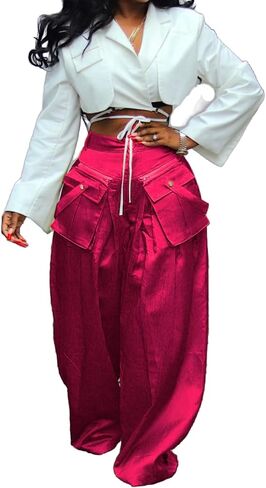 Vaceky Women's Baggy Cargo Pant Wide Leg Satin Flowy Dressy Palazzo Trouser in Saudi Arabia