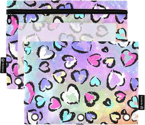 3 Ring Binder Pencil Pouch 2 Pack Leopard Heart Print Pencil Case Pencil Bags with Zipper, Clear PVC Binder Pockets for Office Daily Supplies in Saudi Arabia