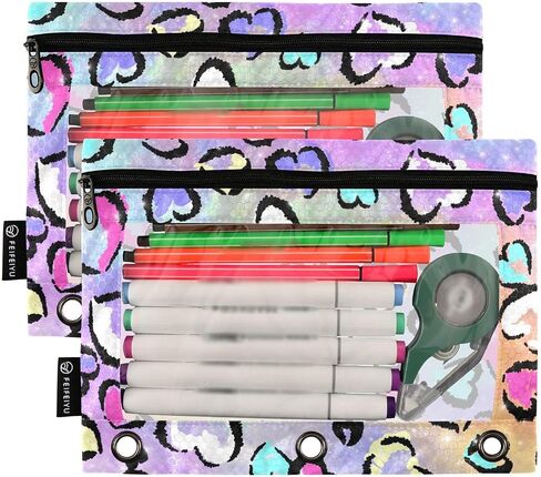 3 Ring Binder Pencil Pouch 2 Pack Leopard Heart Print Pencil Case Pencil Bags with Zipper, Clear PVC Binder Pockets for Office Daily Supplies in Saudi Arabia