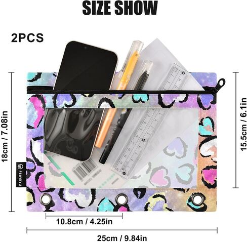 3 Ring Binder Pencil Pouch 2 Pack Leopard Heart Print Pencil Case Pencil Bags with Zipper, Clear PVC Binder Pockets for Office Daily Supplies in Saudi Arabia