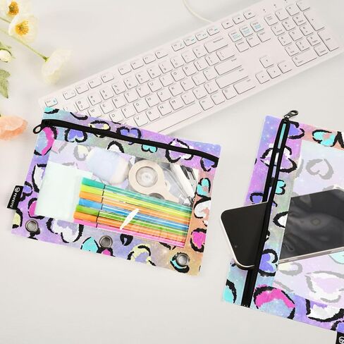 3 Ring Binder Pencil Pouch 2 Pack Leopard Heart Print Pencil Case Pencil Bags with Zipper, Clear PVC Binder Pockets for Office Daily Supplies in Saudi Arabia