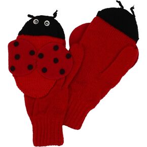 Red Ladybug Soft Acrylic Mittens for Girls With Fun Wings and Antennae