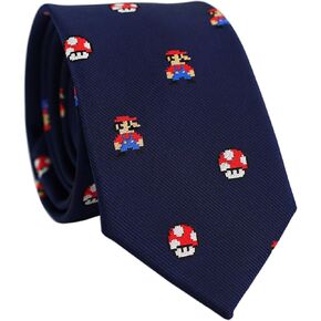 Mario and Mushroom Tie for Men, Designer Navy Blue Necktie with Pattern