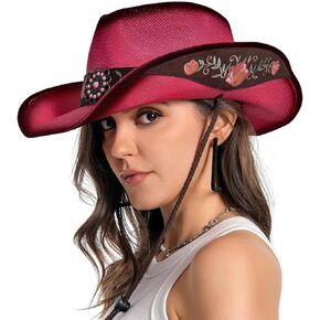 Cowboy Hats for Women, Brown Cowgirl Hats Classic Straw Western Hats for Women Music Festival Party Beach.